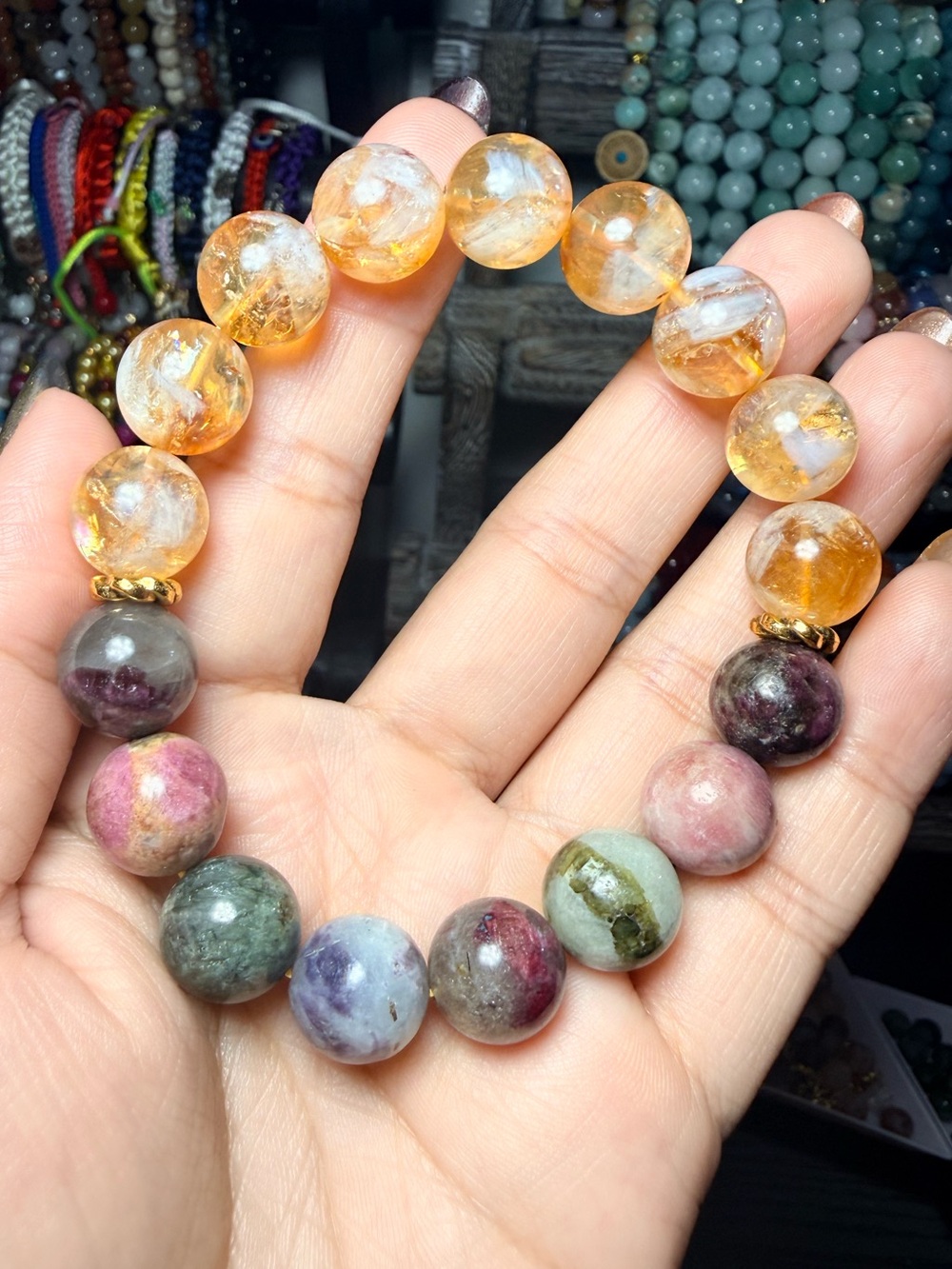 12mm Citrine & Watermelon Tourmaline Gemstone Bracelet